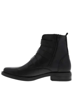 Bottines en cuir noir à brides décoratives, talon décroché bas, semelle plate et zip d'aisance