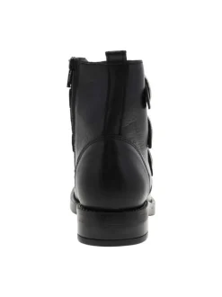 Bottines en cuir noir à brides décoratives, talon décroché bas, semelle plate et zip d'aisance