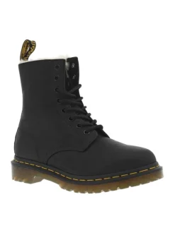 Bottines en cuir noires mat à talon plat et à lacets ronds avec doublure chaude