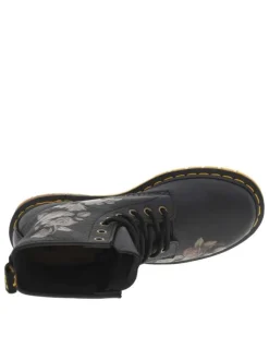 Bottines en cuir noires à talon décroché bas avec des lacets et motifs fleuri