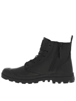 Bottines en cuir noires à talon plat avec des lacets et un zip latéral
