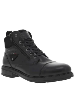 Bottines en cuir noires à talon plat et à lacets plats noirs et zip latéral