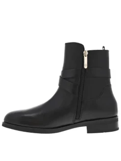 Bottines en cuir noir à talon décroché bas et à zip, détails dorés