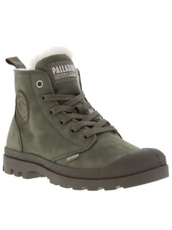 Bottines en cuir nubuck kaki à talon plat avec des lacets et un zip latéral