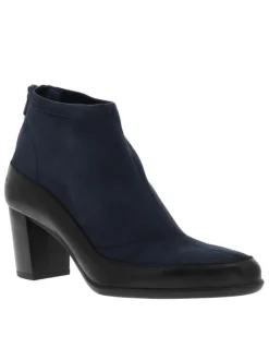 Bottines en textile doux bleu sombre à talon décroché, semelle patinée et à zip d'aisance arrière