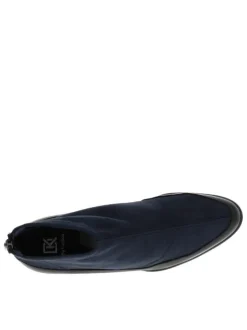 Bottines en textile doux bleu sombre à talon décroché, semelle patinée et à zip d'aisance arrière