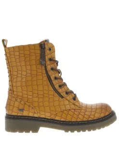 Bottines fourrées en simili cuir de croco jaune à semelle plate à talon décroché bas et à lacets et zip latéral