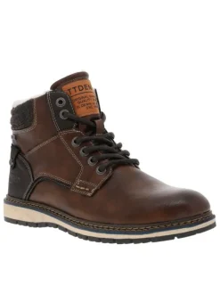 Bottines fourrées simili cuir marron à semelle baskets et à lacets enduis et zip