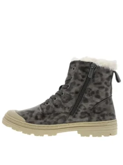 Bottines grises à imprimé léopard à talon décroché bas avec zip et lacets
