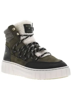 Bottines kaki à talon compensé bas et à lacets ronds bicolores et fourrées