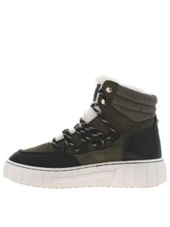 Bottines kaki à talon compensé bas et à lacets ronds bicolores et fourrées