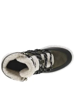Bottines kaki à talon compensé bas et à lacets ronds bicolores et fourrées