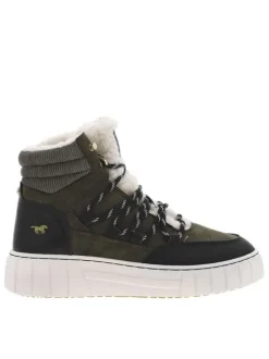 Bottines kaki à talon compensé bas et à lacets ronds bicolores et fourrées