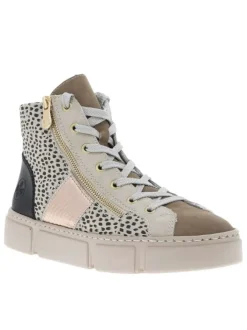 Bottines léopard et beige à talon plat et à lacets avec zip latéral doré