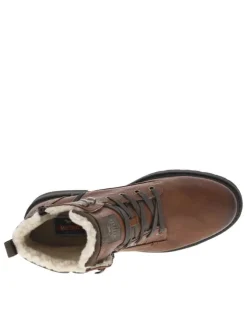 Bottines marron fourrées aspect laine à semelle plate à talon décroché bas et à lacets et zip latéral