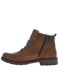 Bottines marron fourrées aspect laine à semelle plate à talon décroché bas et à lacets et zip latéral