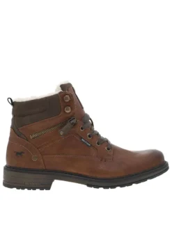 Bottines marron fourrées aspect laine à semelle plate à talon décroché bas et à lacets et zip latéral