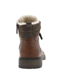 Bottines marron fourrées aspect laine à semelle plate à talon décroché bas et à lacets et zip latéral