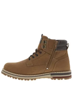 Bottines miel à talon plat avec un zip et des lacets ronds et logo embossé