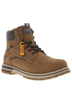Bottines miel à talon plat avec un zip et des lacets ronds et logo embossé