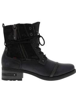 Bottines noires à empiècements effet velours à talon plat avec lacets tressés ronds noirs et fermeture zippée