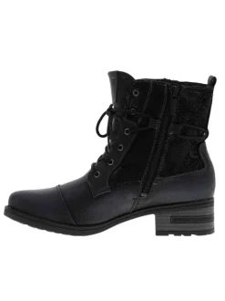 Bottines noires à empiècements effet velours à talon plat avec lacets tressés ronds noirs et fermeture zippée