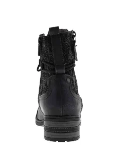 Bottines noires à empiècements effet velours à talon plat avec lacets tressés ronds noirs et fermeture zippée