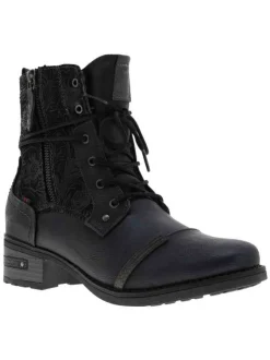 Bottines noires à empiècements effet velours à talon plat avec lacets tressés ronds noirs et fermeture zippée