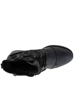 Bottines noires à empiècements effet velours à talon plat avec lacets tressés ronds noirs et fermeture zippée