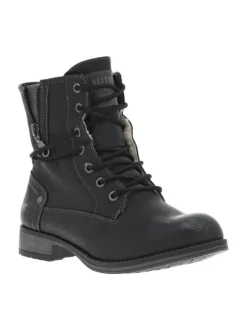 Bottines noires, fourrées, à talon gris décroché bas et à lacets et zip latéral