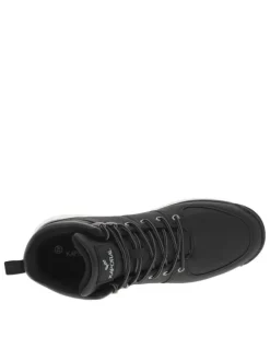 Bottines noires à talon plat avec semelle noire et blanche, logos et lacets gris