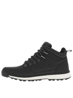 Bottines noires à talon plat avec semelle noire et blanche, logos et lacets gris