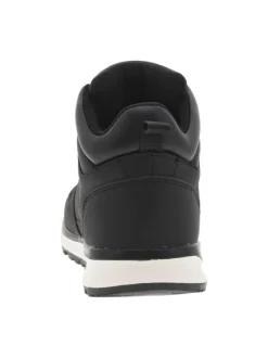 Bottines noires à talon plat avec semelle noire et blanche, logos et lacets gris