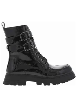 Bottines noires vernis à semelle crantée à talon plat et à zip