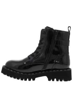 Bottines noires vernis à talon décroché bas avec des lacets plats et un zip