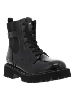 Bottines noires vernis à talon décroché bas avec des lacets plats et un zip