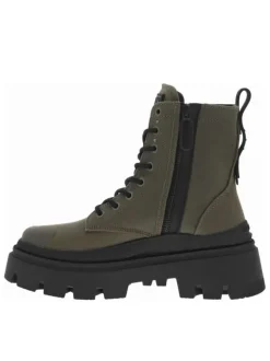 Bottines olive à talon semi-compensé et à lacets ronds et noirs et zip latéral