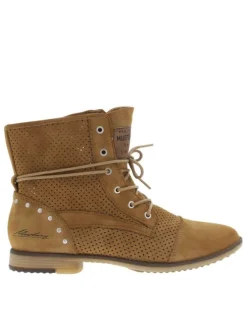 Bottines originales cognac perforées à talon plat avec lacets et zip latéral