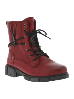 Bottines rouge à talon décroché bas et à zip et lacets ronds avec logo