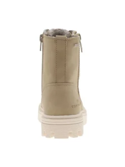 Bottines taupe fourrées à semelle plate à talon décroché bas et à lacets et zip latéral