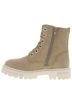 Bottines taupe fourrées à semelle plate à talon décroché bas et à lacets et zip latéral