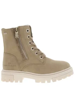 Bottines taupe fourrées à semelle plate à talon décroché bas et à lacets et zip latéral