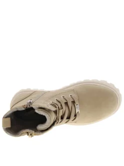 Bottines taupe fourrées à semelle plate à talon décroché bas et à lacets et zip latéral