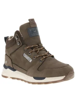 Bottines taupe plates, à zip et lacets ronds marque intégrée dans le quartier