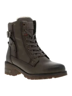 Bottines taupe à talon décroché bas avec des lacets plats et un zip
