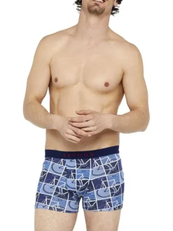 Boxer Classique en coton bleu avec des imprimés et une coupe fermée