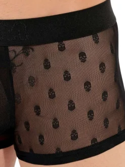 Boxer court noir en dentelle avec motifs têtes de mort brodés