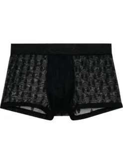 Boxer court noir en dentelle avec motifs têtes de mort brodés