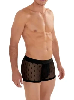 Boxer court noir en dentelle avec motifs têtes de mort brodés