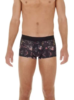 Boxer court noir fleuri avec une coupe près du corps et une taille élastiquée